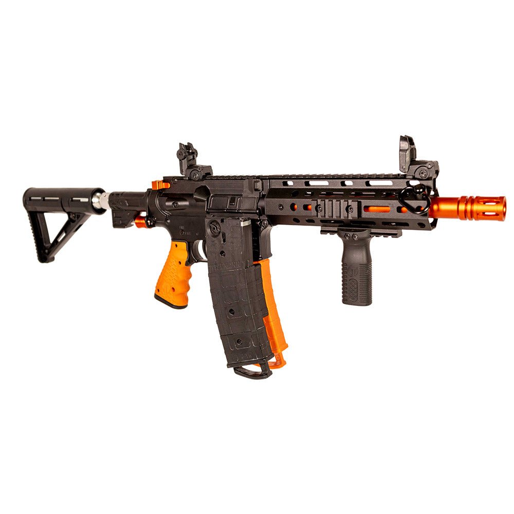 Black and orange airsoft gun on a white background