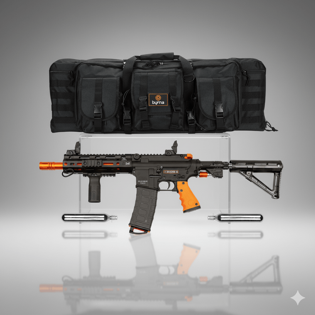 Black tactical rifle with orange accents on a reflective surface, accompanied by a black carrying case.