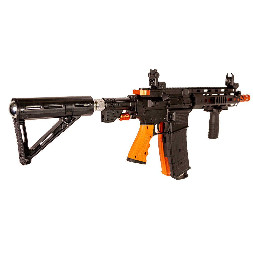 Black and orange rifle model on a white background