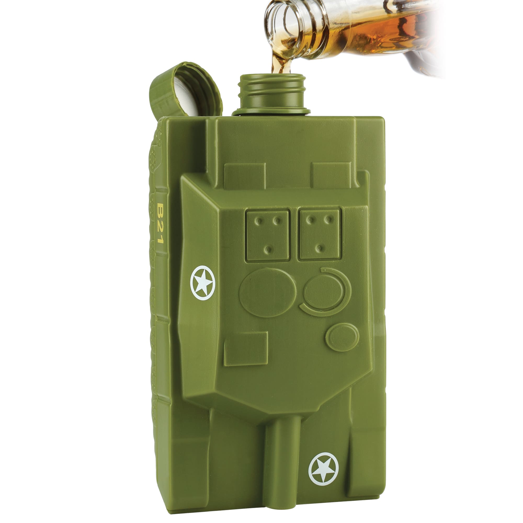 Soldier in desert camouflage drinking from Caliber Gourmet CBG-SG-TFLASK in rocky outdoor terrain