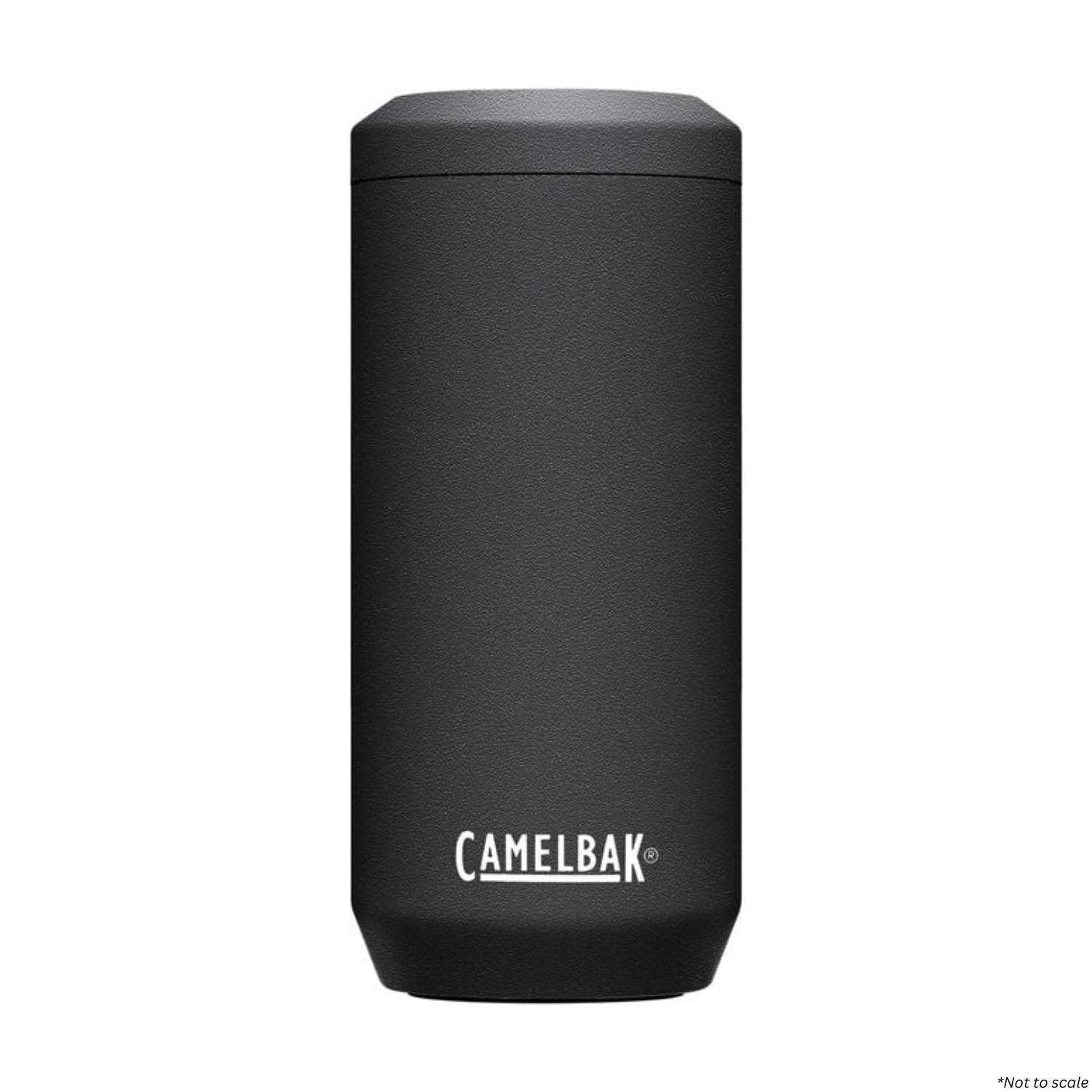 CamelBak Horizon Slim Can Cooler in sleek black, 12oz, featuring durable powder coating and vacuum insulation.