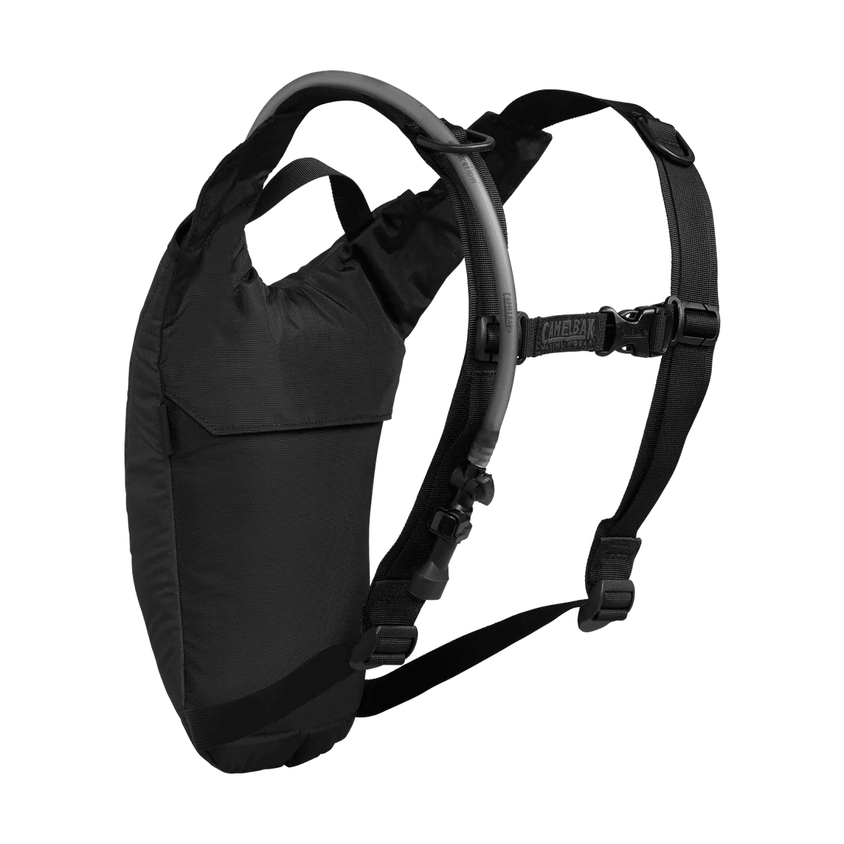 CamelBak HydroBak black hydration pack side angle with grey Crux drink tube and bite valve