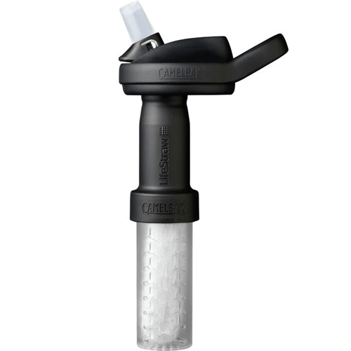CamelBak LifeStraw Bottle Filter Set showcasing the filtration nozzle and clear bottle, ideal for clean water on the go.