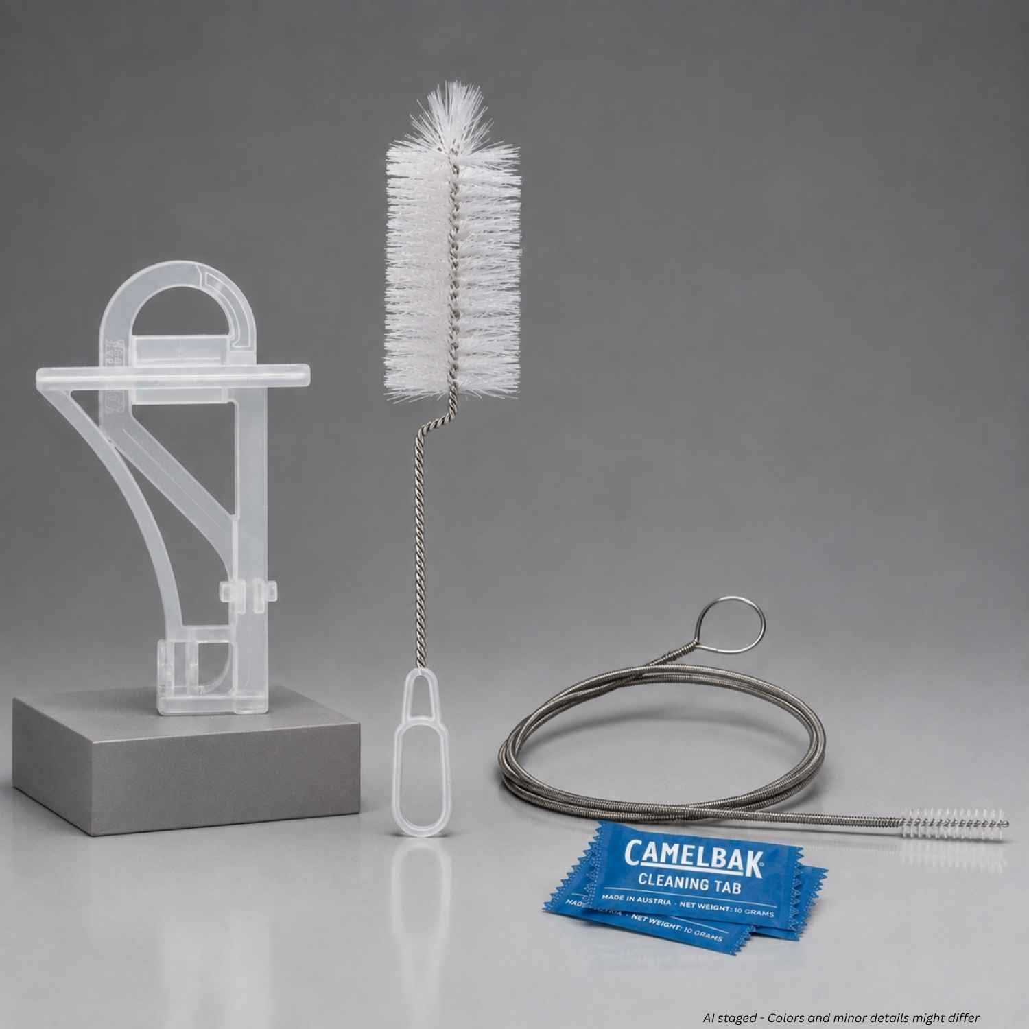 CamelBak Mil-Spec Reservoir Cleaning Kit 2054901000 with drying hanger, reservoir brush, tube brush, and cleaning tabs