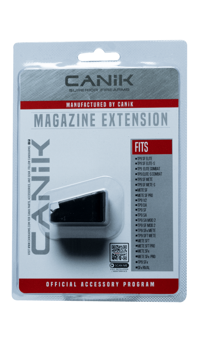 Canik Magazine Extension Aluminum PACN020 for TP9 & METE Series, official accessory packaging on display.