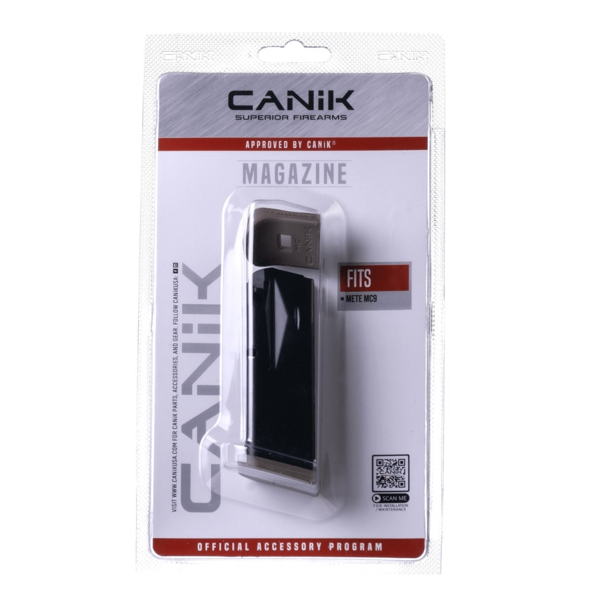 Canik METE MC9 12rd magazine with grip extension packaging for 9mm Luger firearms, model MA2277.