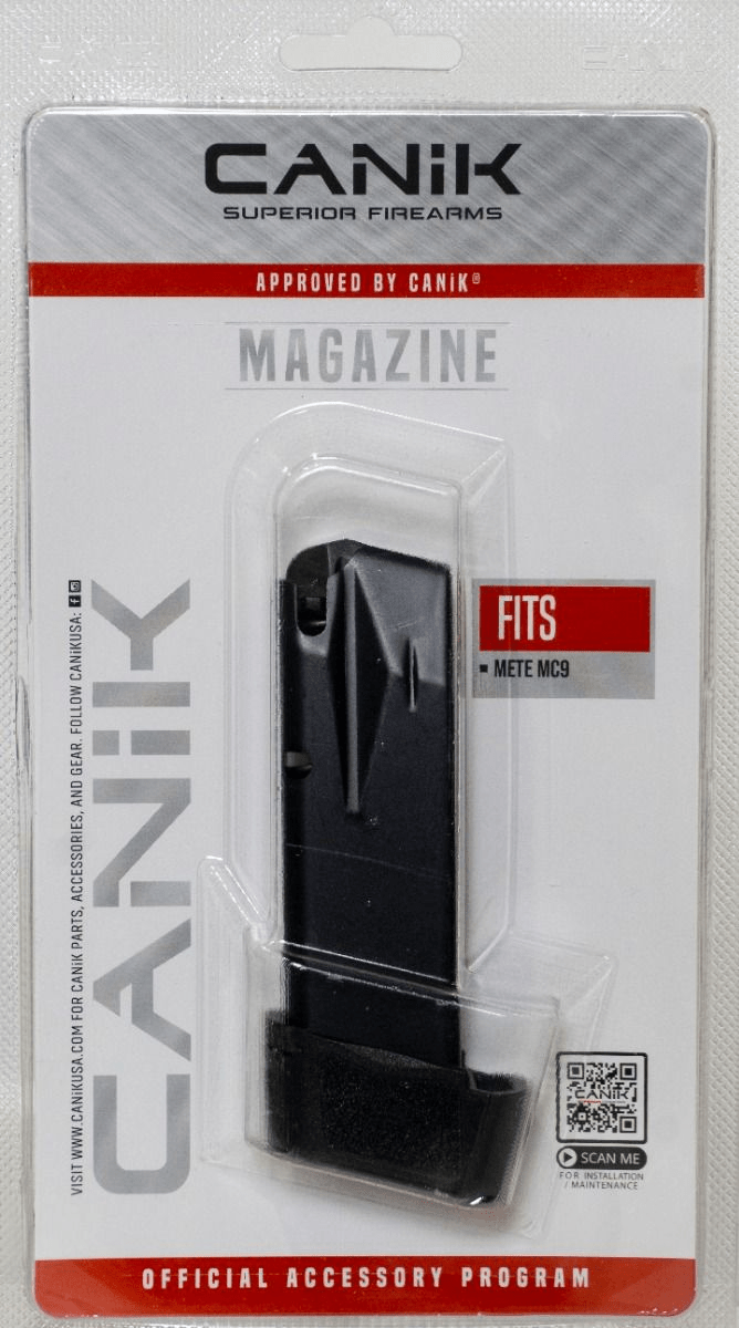 Canik METE MC9 15rd magazine with full grip extension in packaging, compatible with Canik METE MC9 and TP9 Elite SC.