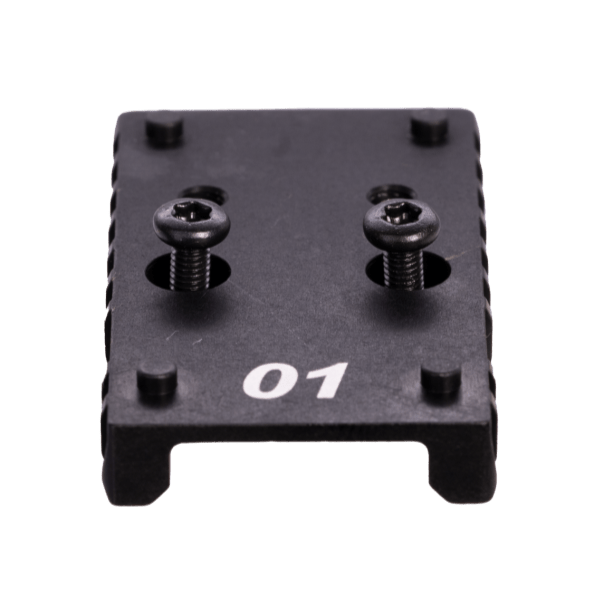 Black metal bracket with screws on a white background