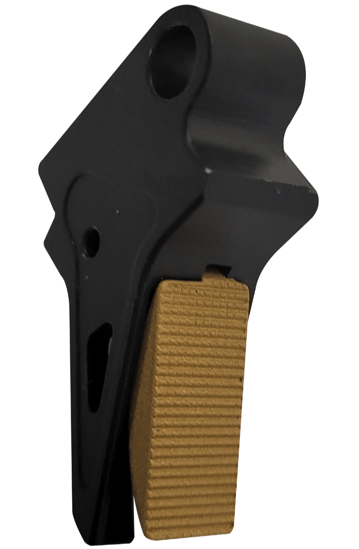 Enhanced aluminum flat trigger assembly for Canik TP9 series pistols, featuring a textured grip for improved control.