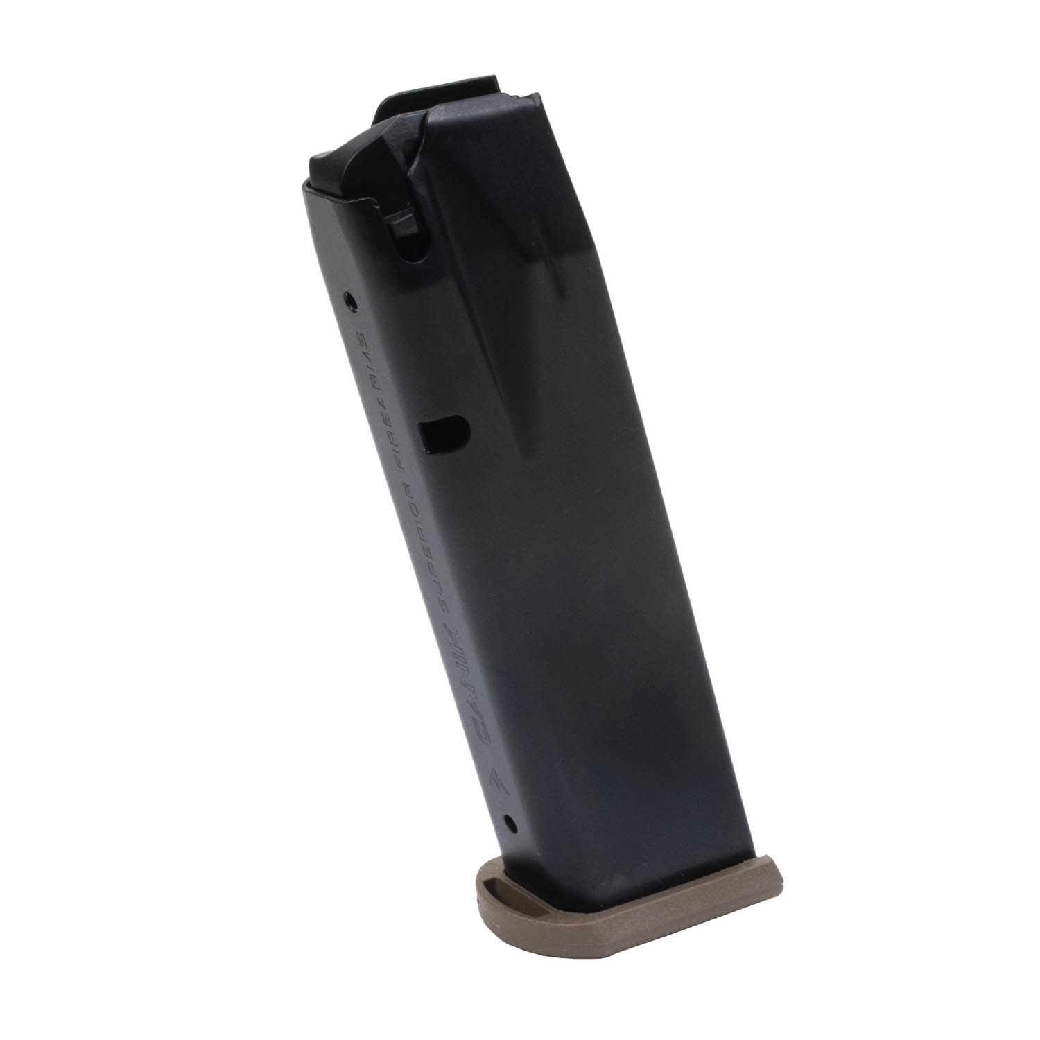 Canik TP9/METE full size magazine in black, compatible with various 9mm Luger models, made in Italy.