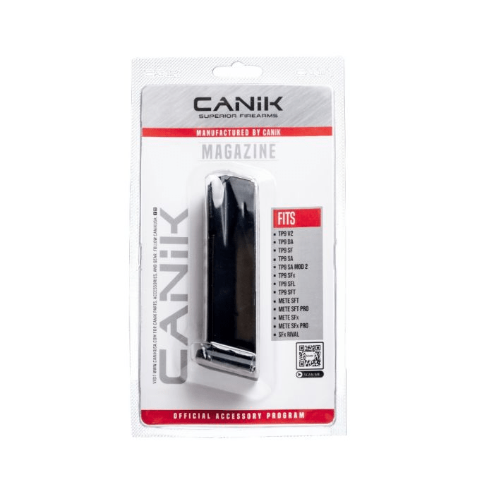 Canik TP9/METE full-size magazine packaging, compatible with multiple Canik models, 18 round capacity.