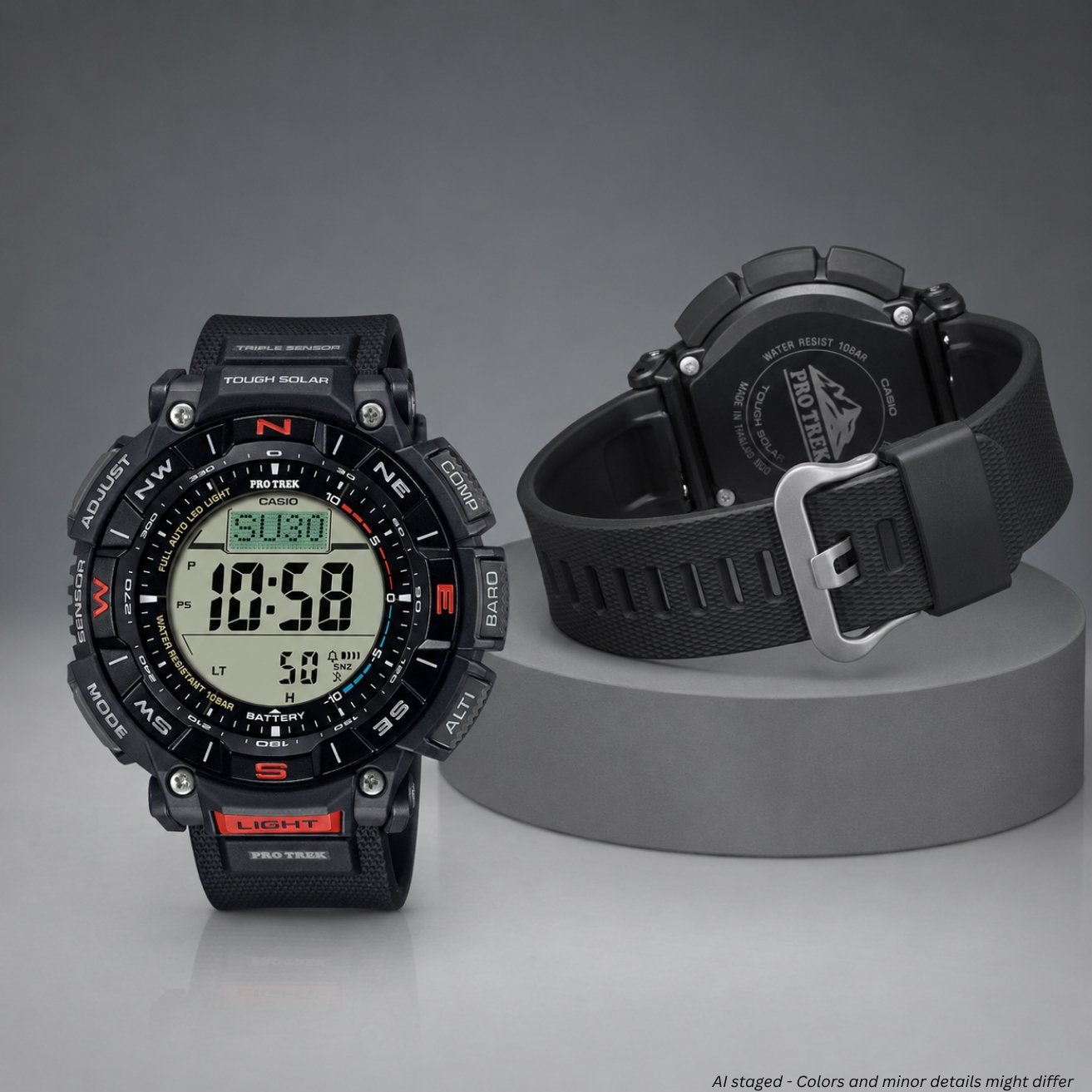 Black digital watch with detailed display and strap on a gray background