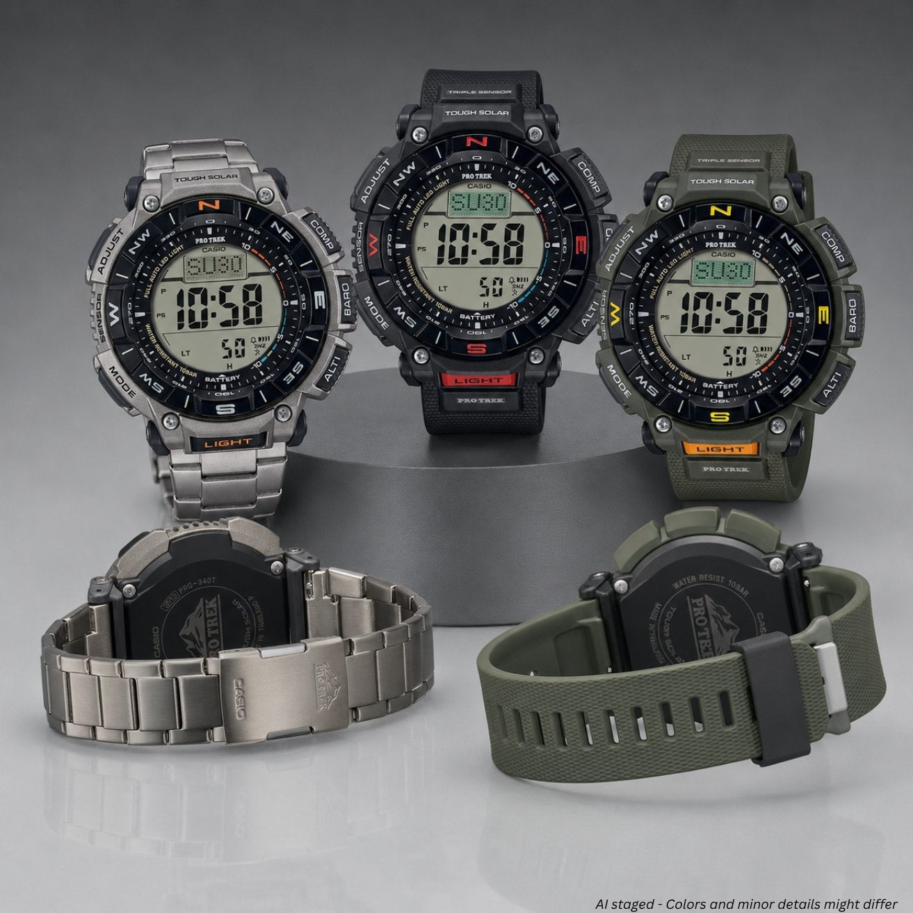 Five digital Casio PRG-340 Pro Trek Solar Triple Sensor Watch | PRG340 watches displayed on a gray background