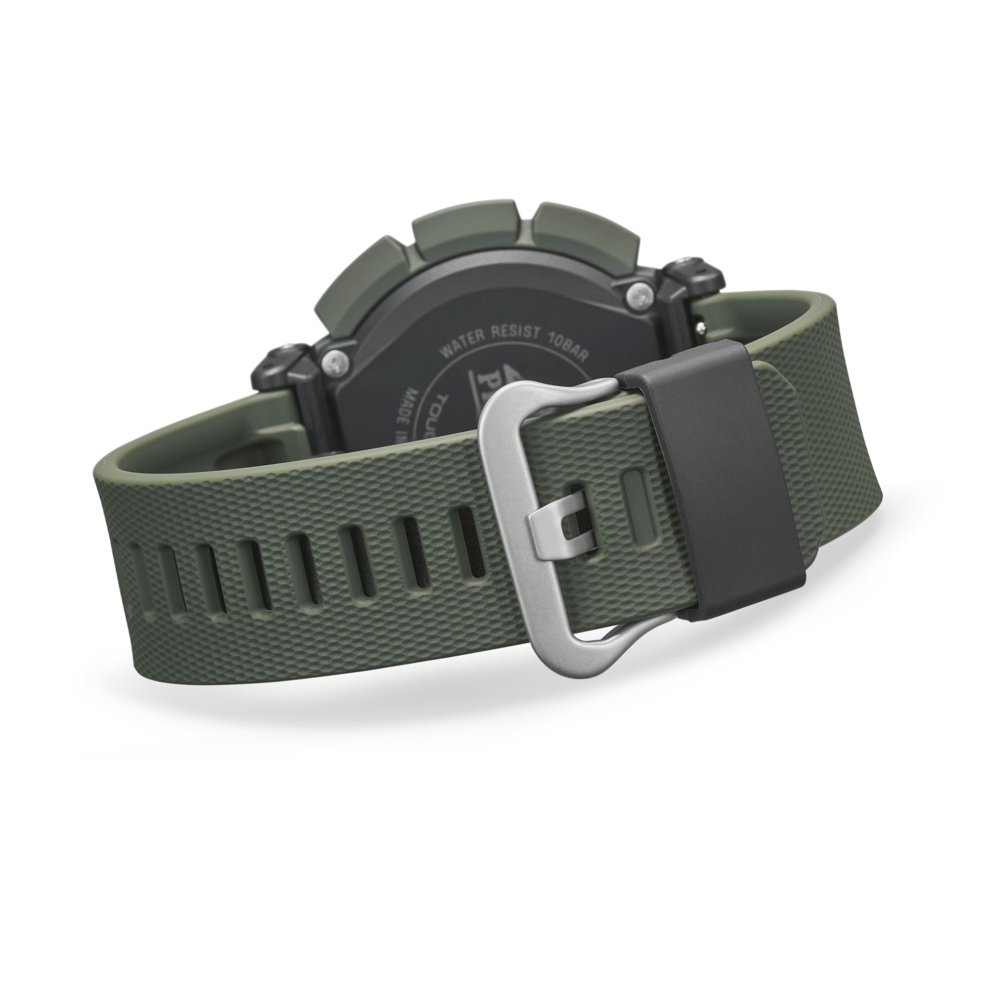 Green watch with a silver buckle on a white background