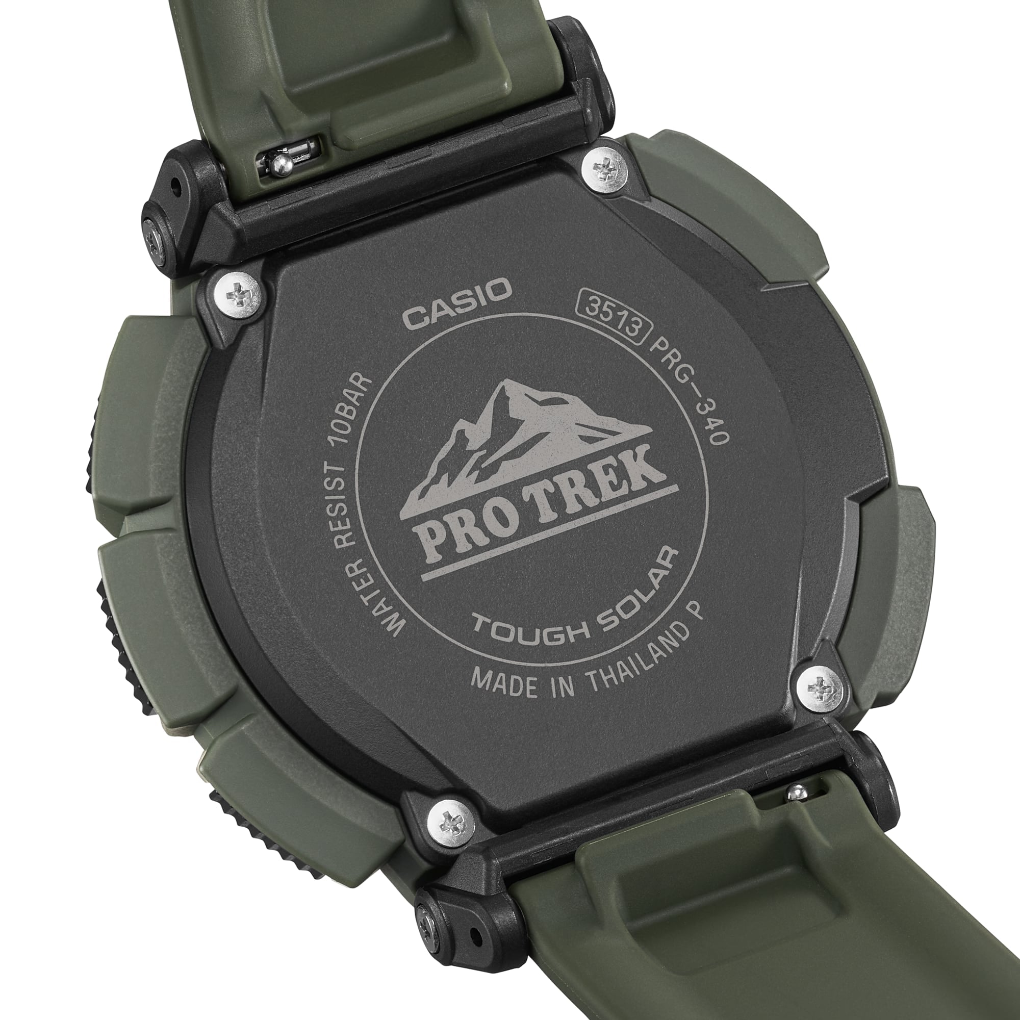 Back view of a Casio Pro Trek watch with branding and specifications.