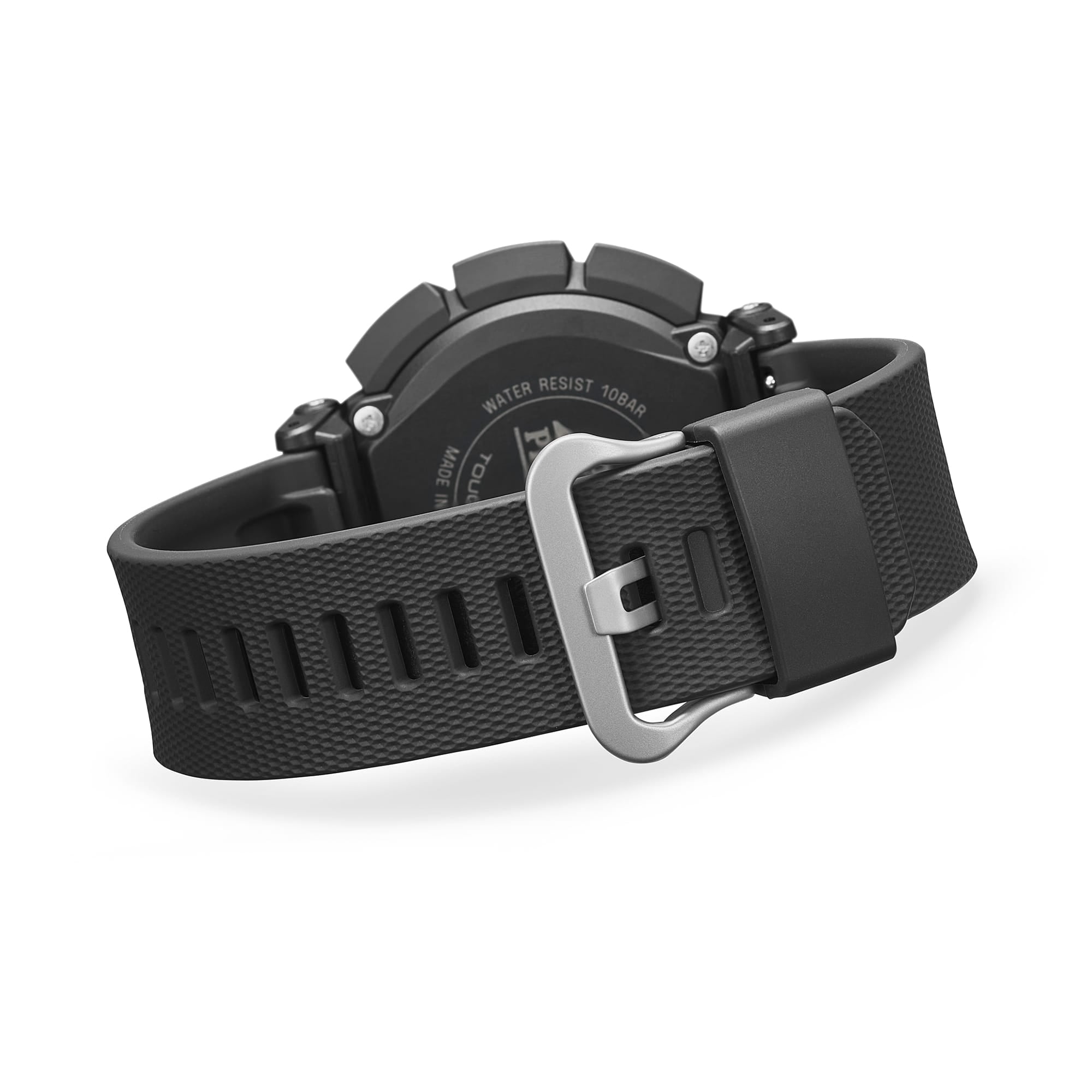 Black watch with a textured strap on a white background