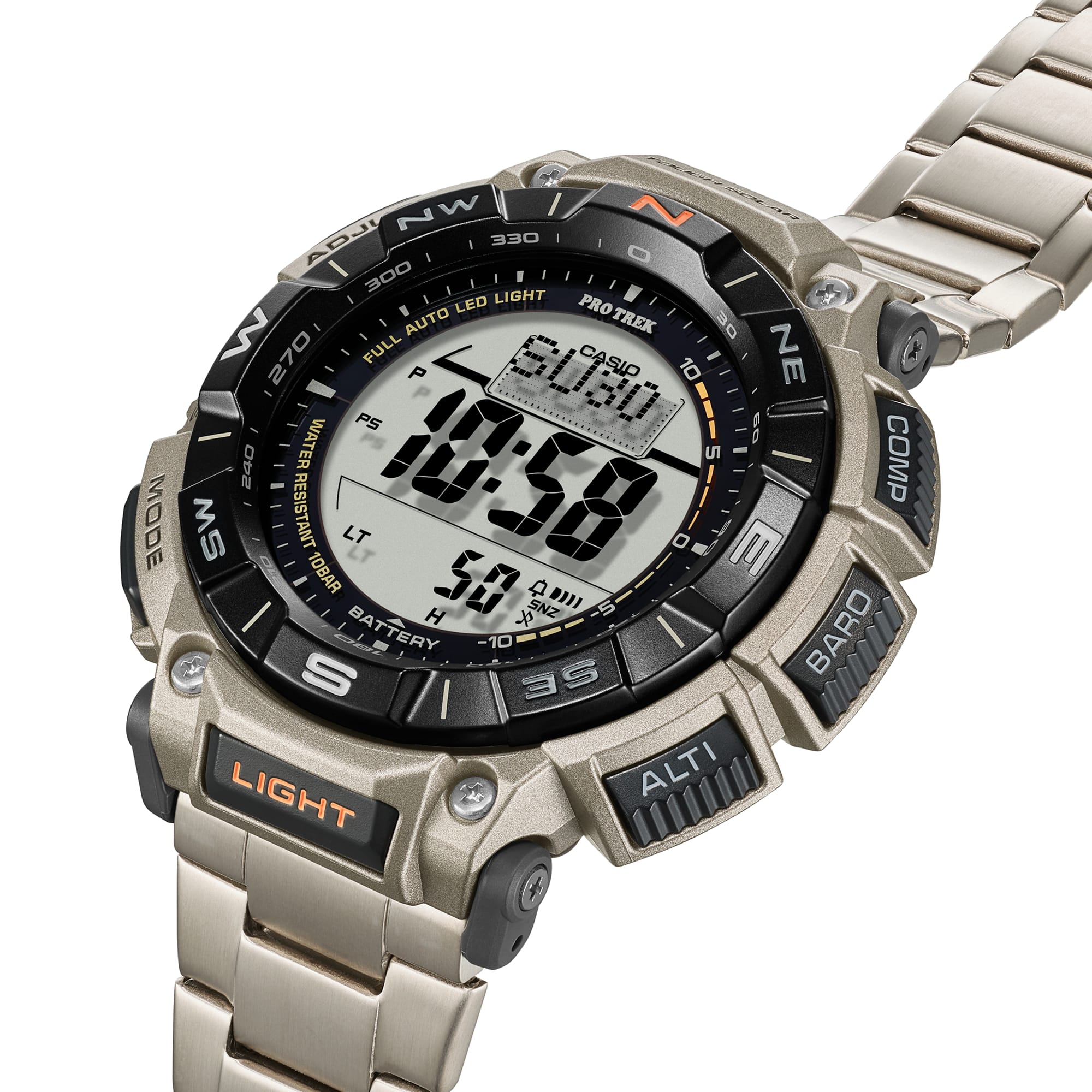 Digital wristwatch with various functions on a white background