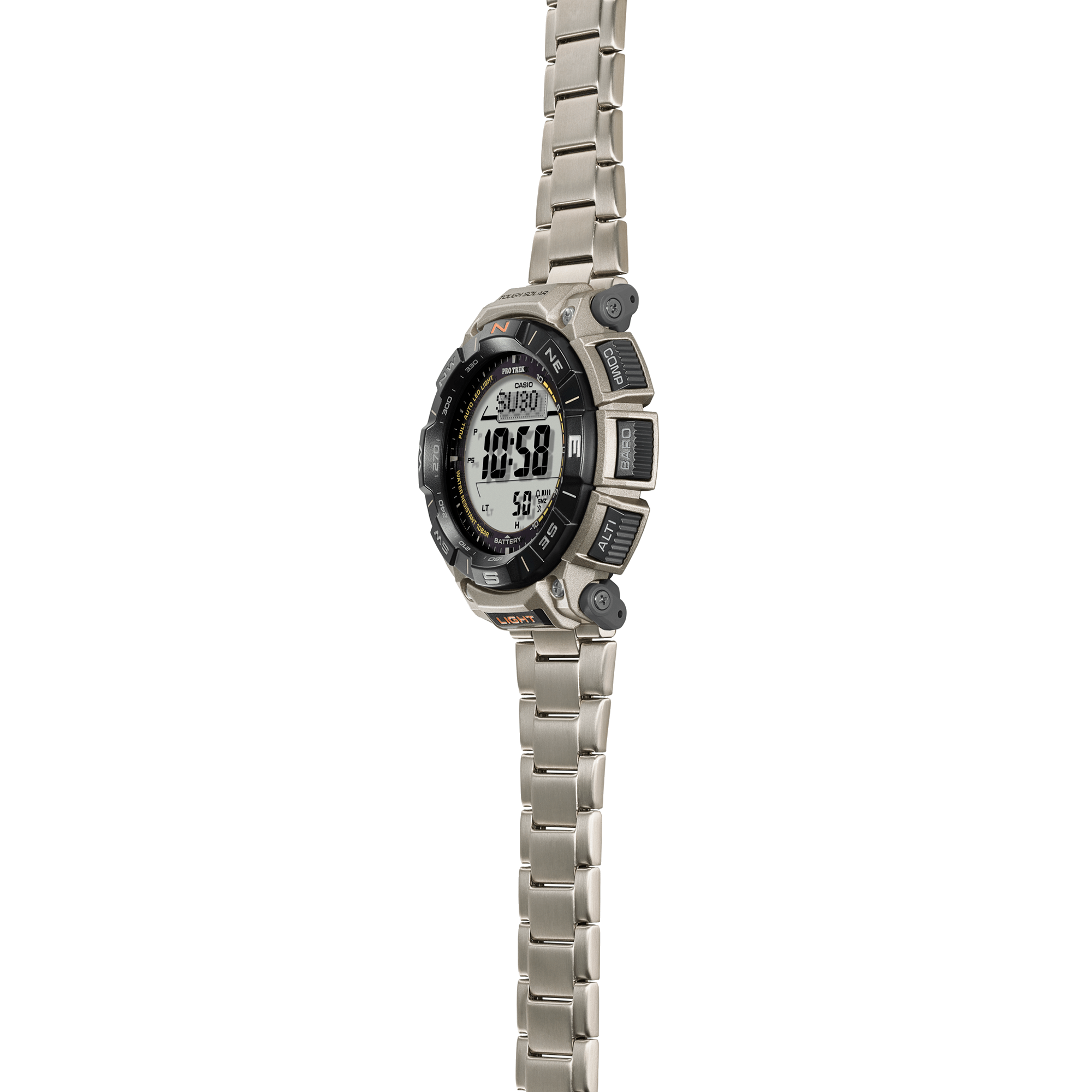 Digital watch with metal strap on a white background
