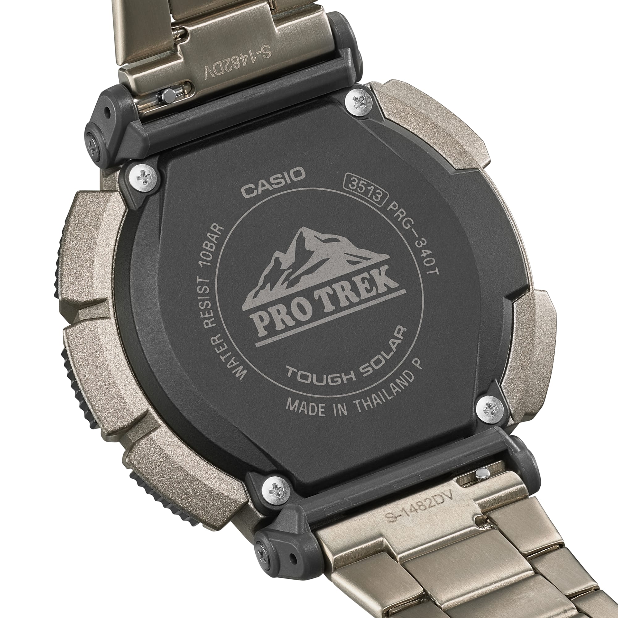 Casio Pro Trek watch back cover with branding on a white background