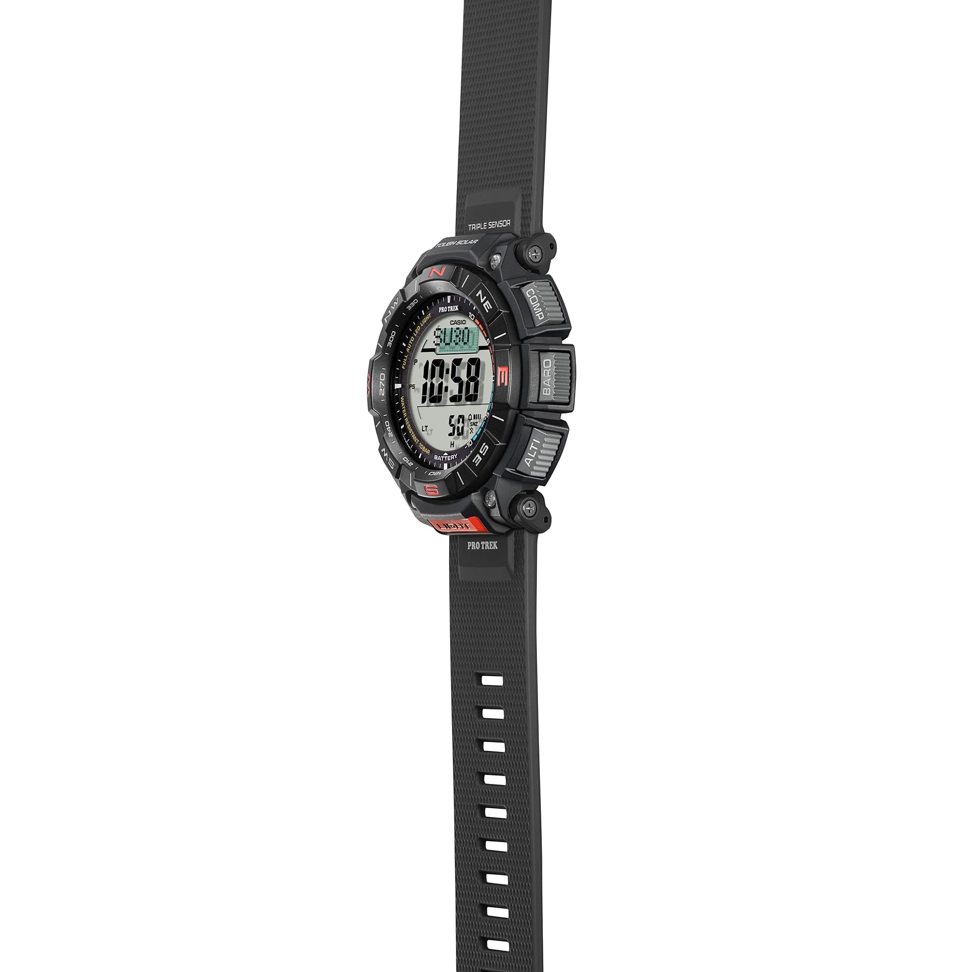 Digital watch with black strap on a white background