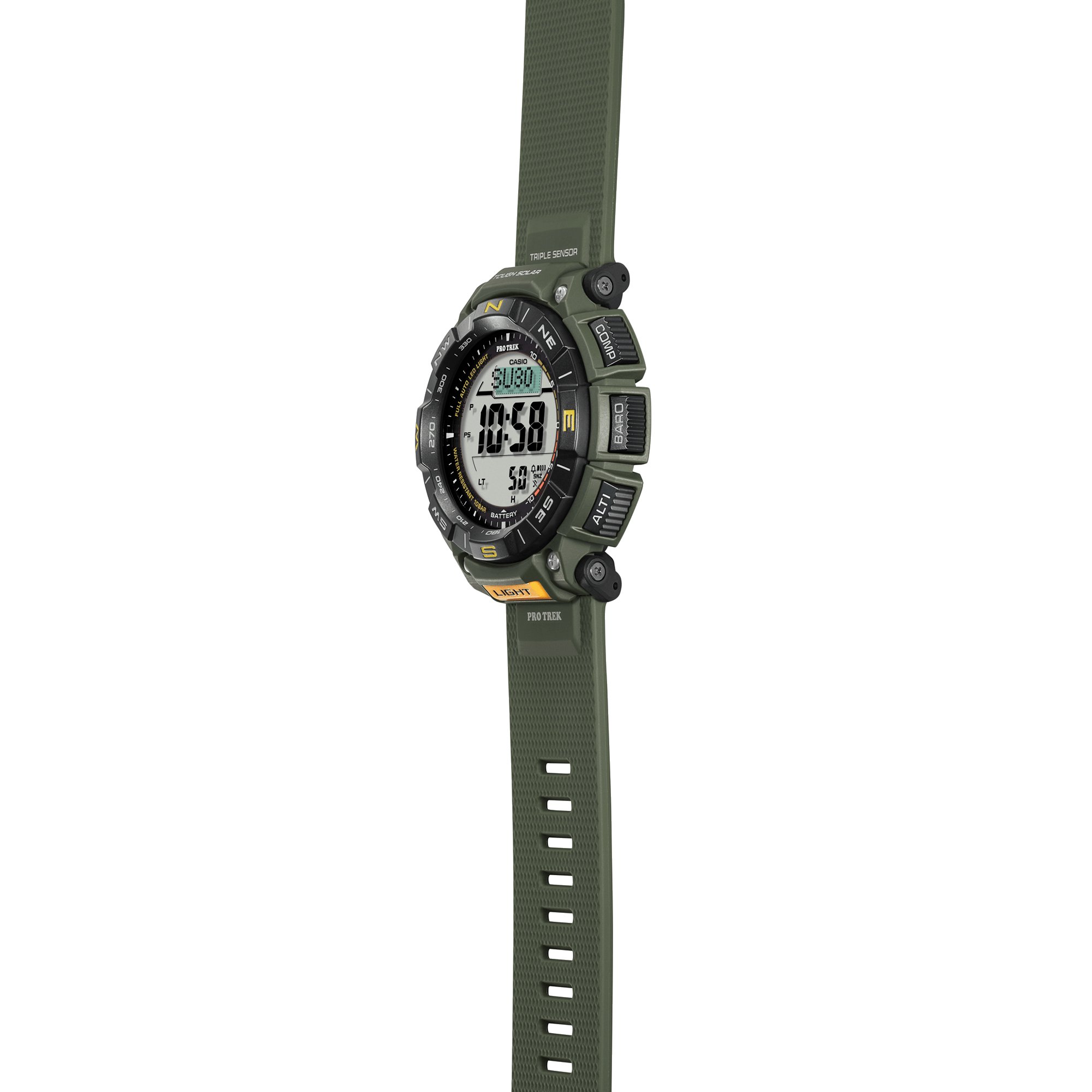 Green digital watch with a white background