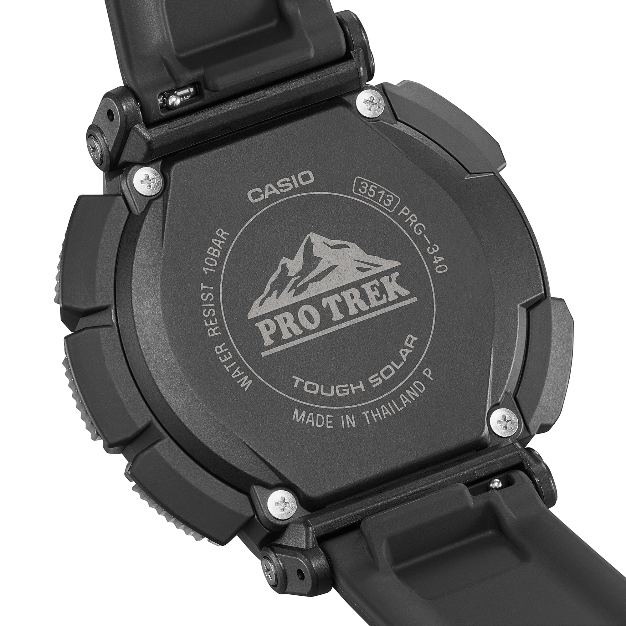 Back view of a Casio Pro Trek watch with branding and technical details.