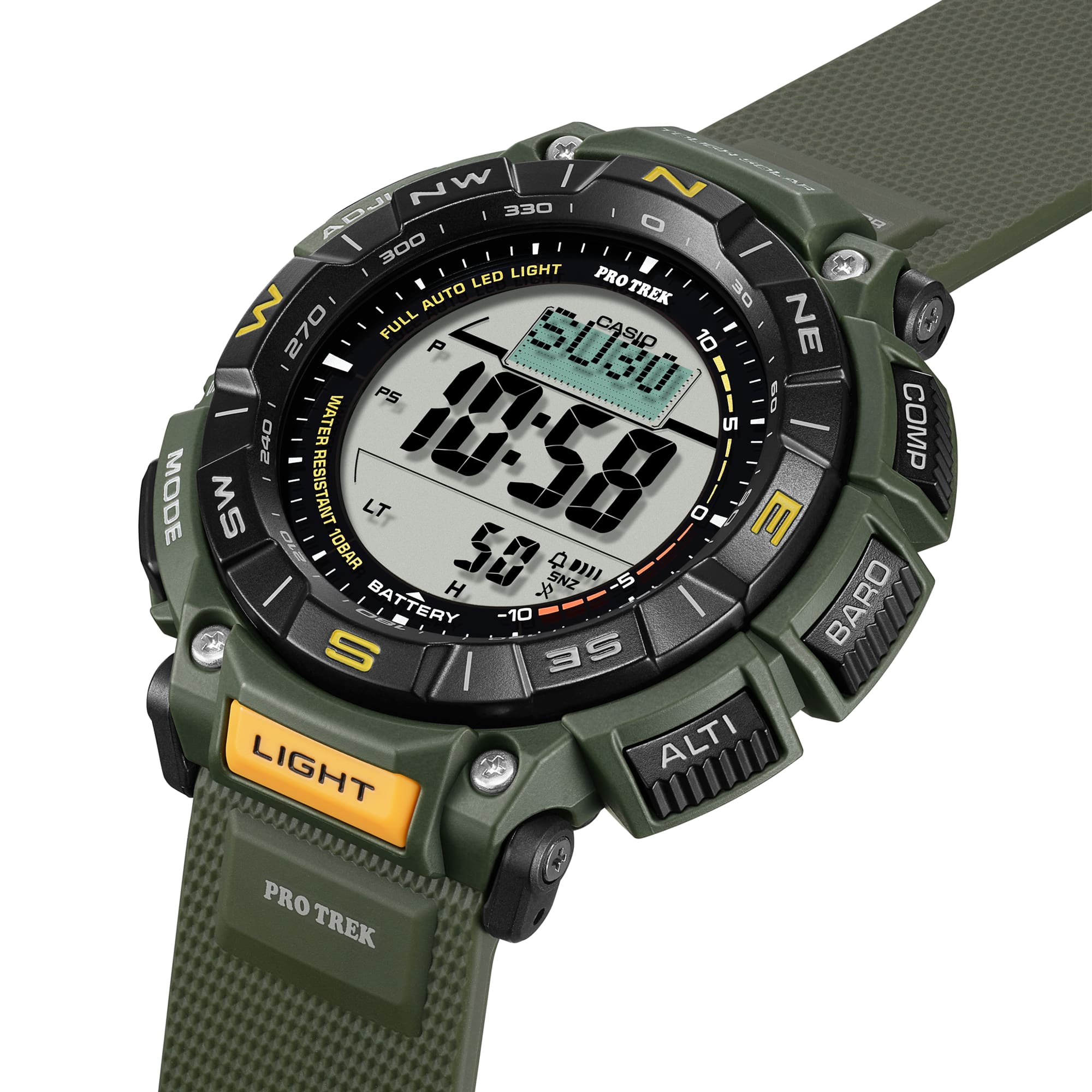 Green Casio Pro Trek digital watch on a white background