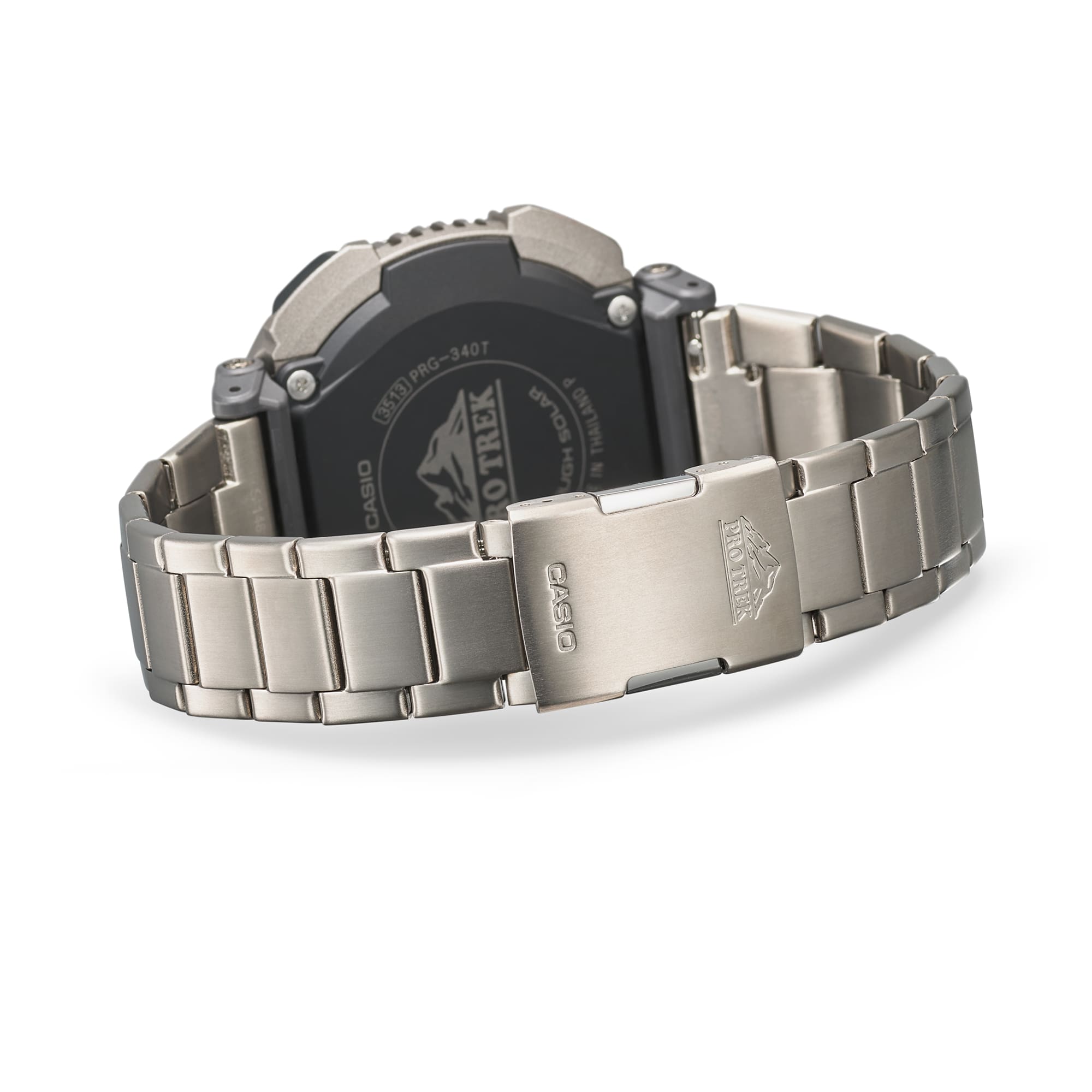 Silver Casio watch with metal band on a white background