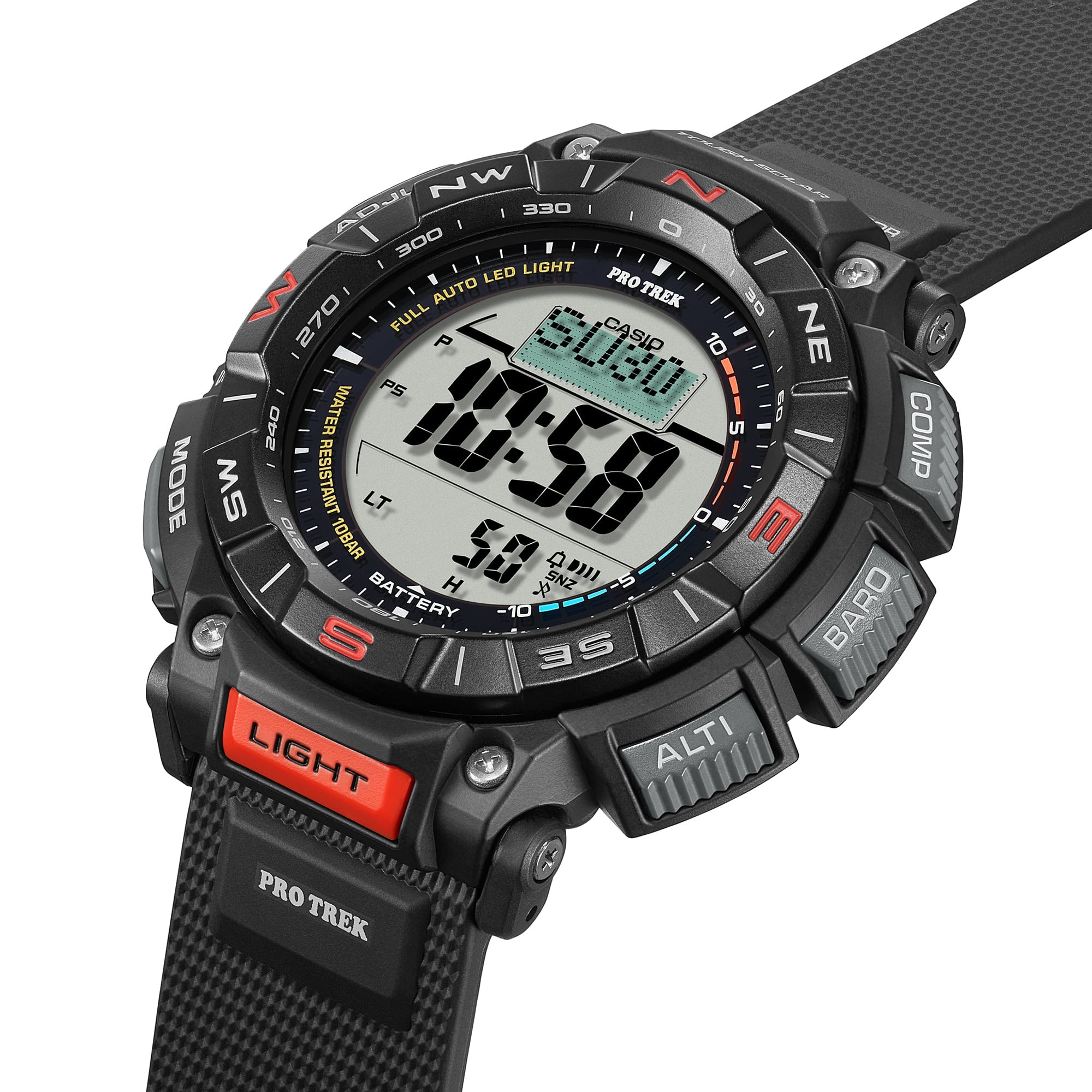 Black digital watch with various functions on a white background