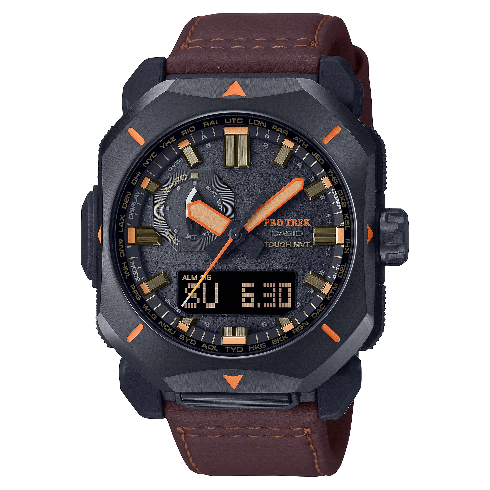 Casio Pro Trek Solar/Triple Sensor watch with rugged design, metal bezel, and brown leather strap for outdoor enthusiasts.