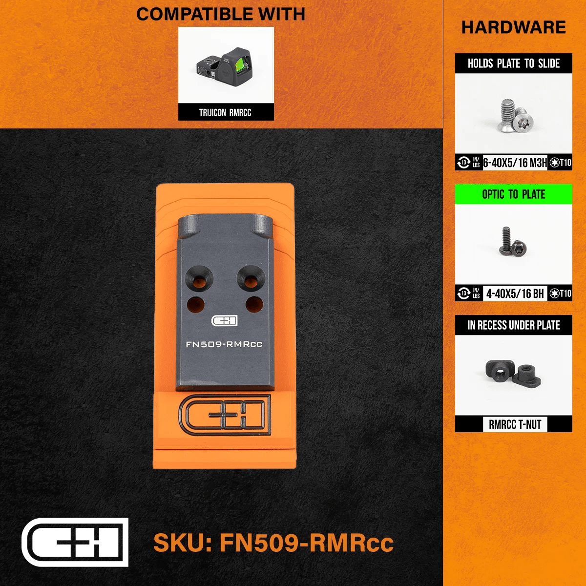 C&H Precision Optics Adapter Plate for FN 509/510/545, compatible with Trijicon RMRcc, featuring replaceable mounting hardware.