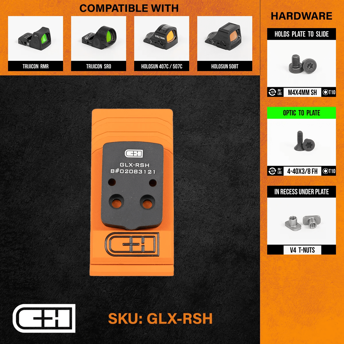 C&H Precision Optics Adapter Plate GLX-RSH, compatible with Trijicon RMR and Holosun optics, featuring mounting hardware details.