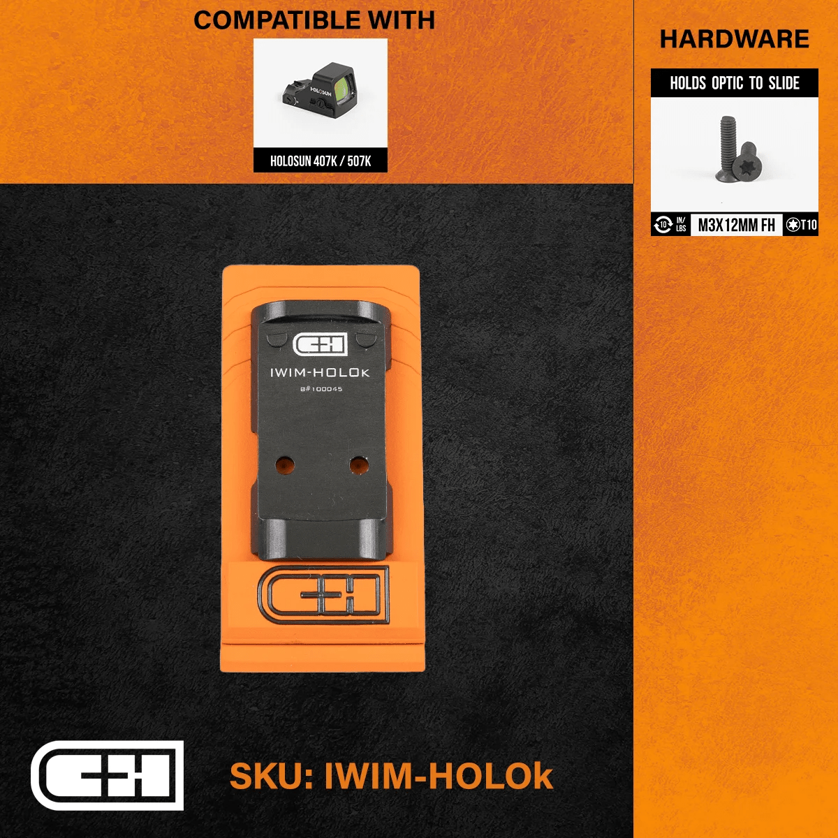 C&H Precision Optics Adapter Plate for IWI Masada, compatible with Holosun 407K/507K, includes mounting hardware.
