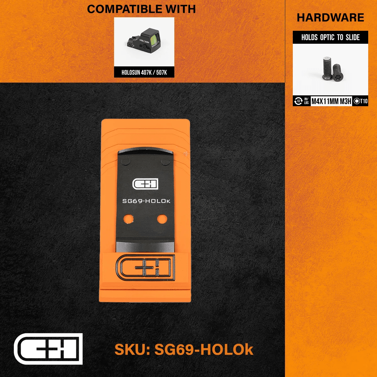 C&H Precision Optics Adapter Plate for Sig P226/P229, compatible with Holosun 407K/507K, featuring replaceable hardware.
