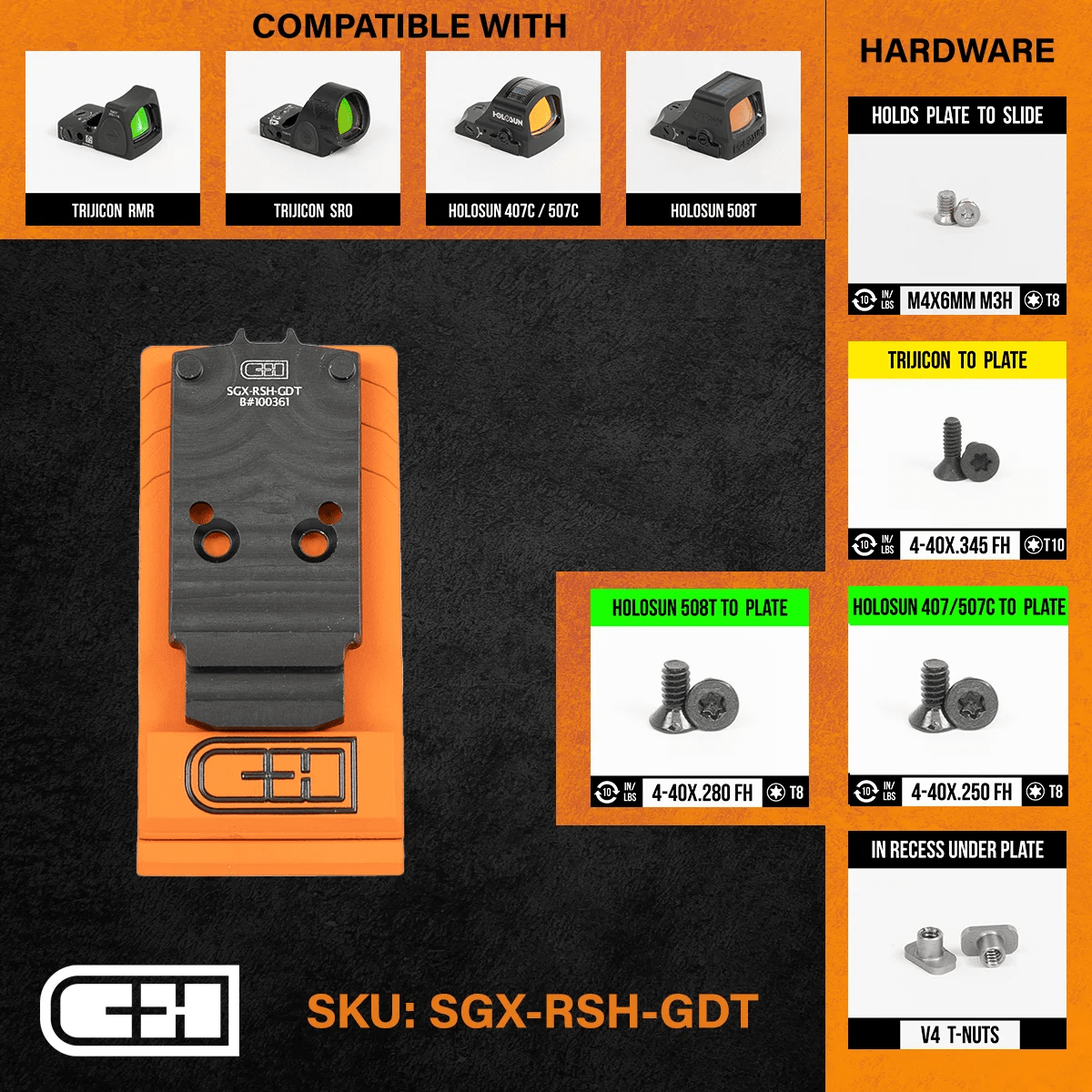 C&H Precision Optics Adapter Plate for Sig P320 Legion with compatible hardware and compatibility list for optics.