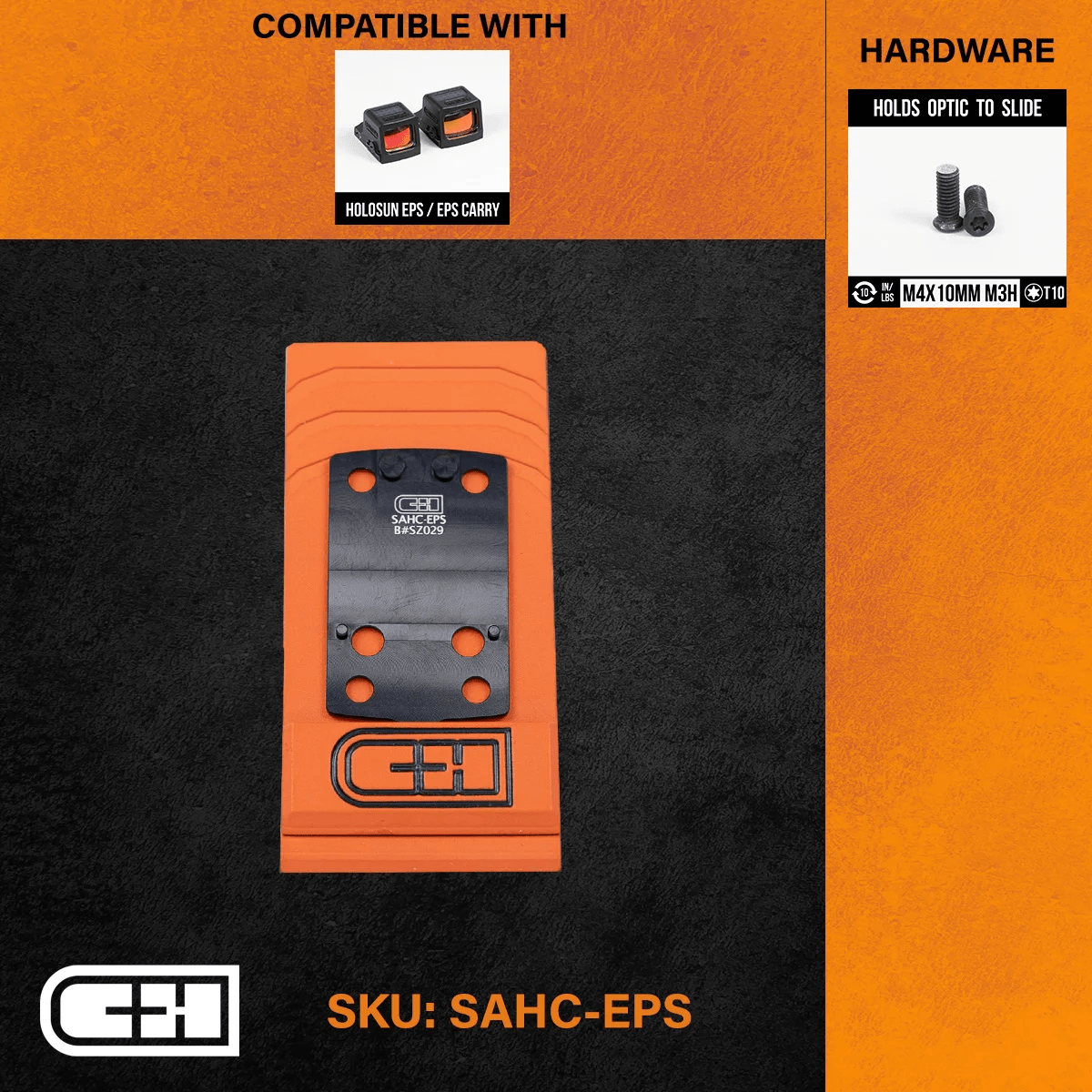C&H Precision Optics Adapter Plate in orange, compatible with Holosun EPS/EPS Carry, featuring adjustable mounting hardware.