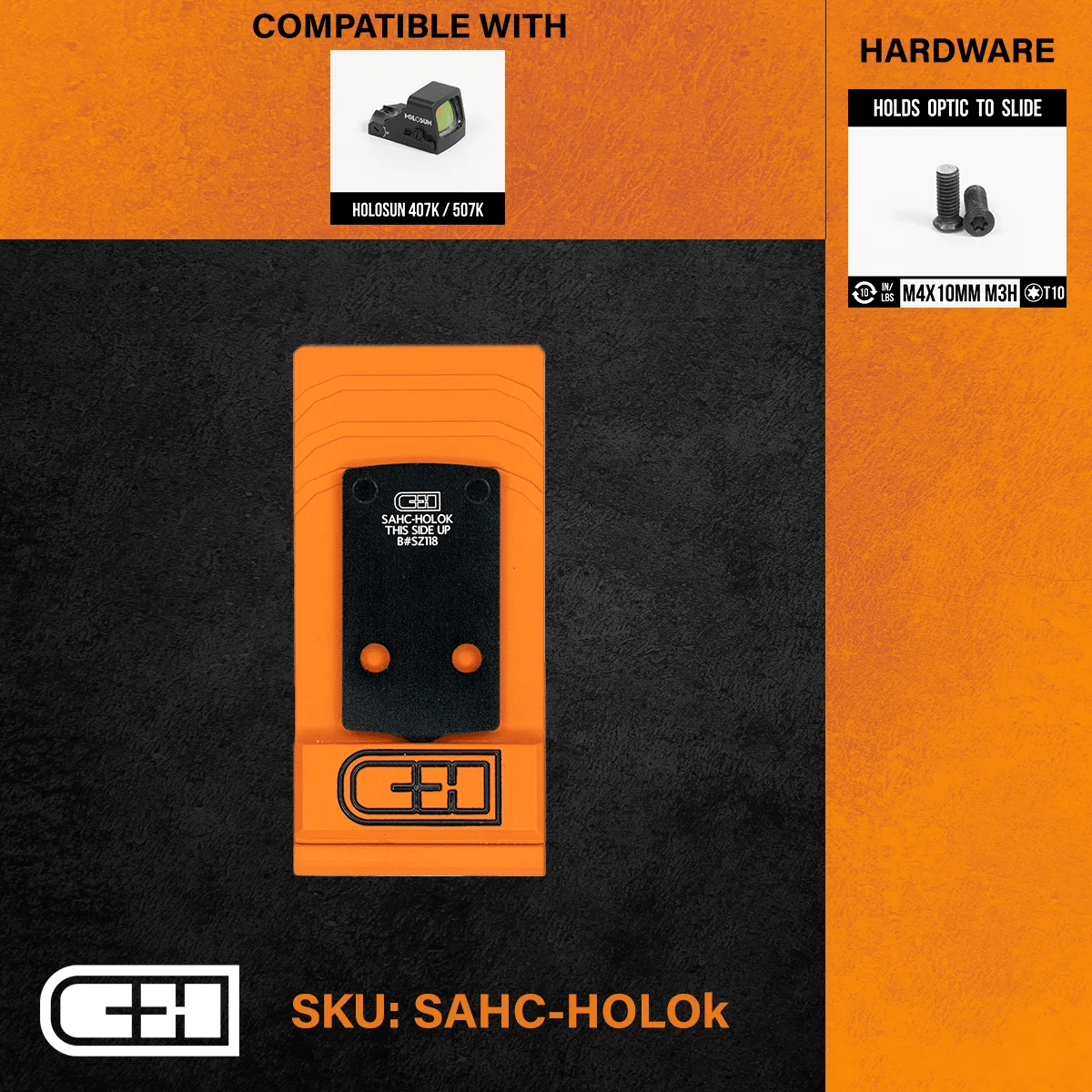 C&H Precision Optics Adapter Plate for Springfield Hellcat, compatible with Holosun 407K/507K, featuring replaceable mounting hardware.