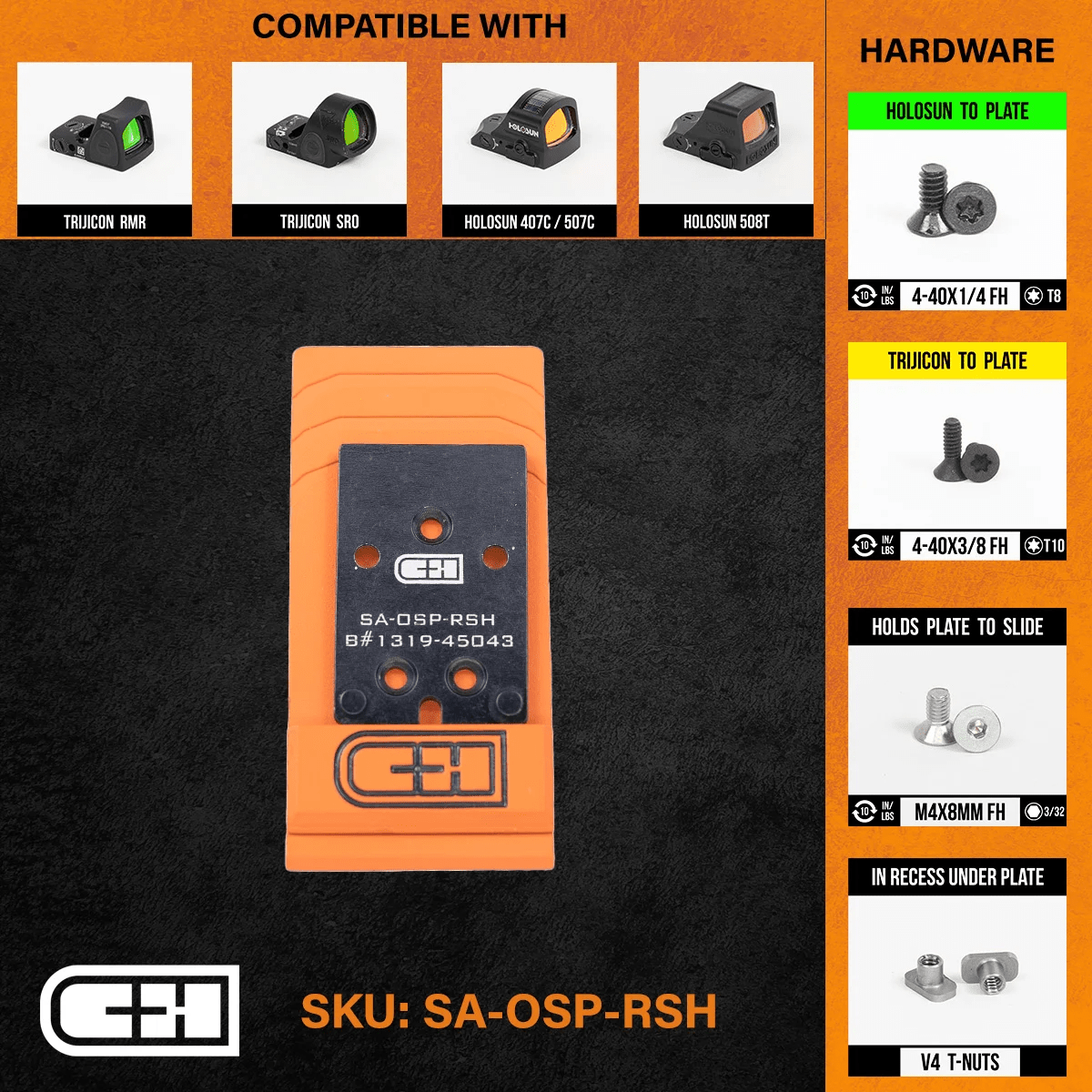 C&H Precision Optics Adapter Plate for Springfield XDM OSP showing mounting compatibility and included hardware details.