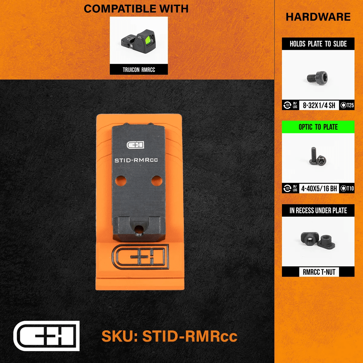 C&H Precision Optics Adapter Plate for Staccato Duo, compatible with Trijicon RMRcc, featuring replaceable hardware.
