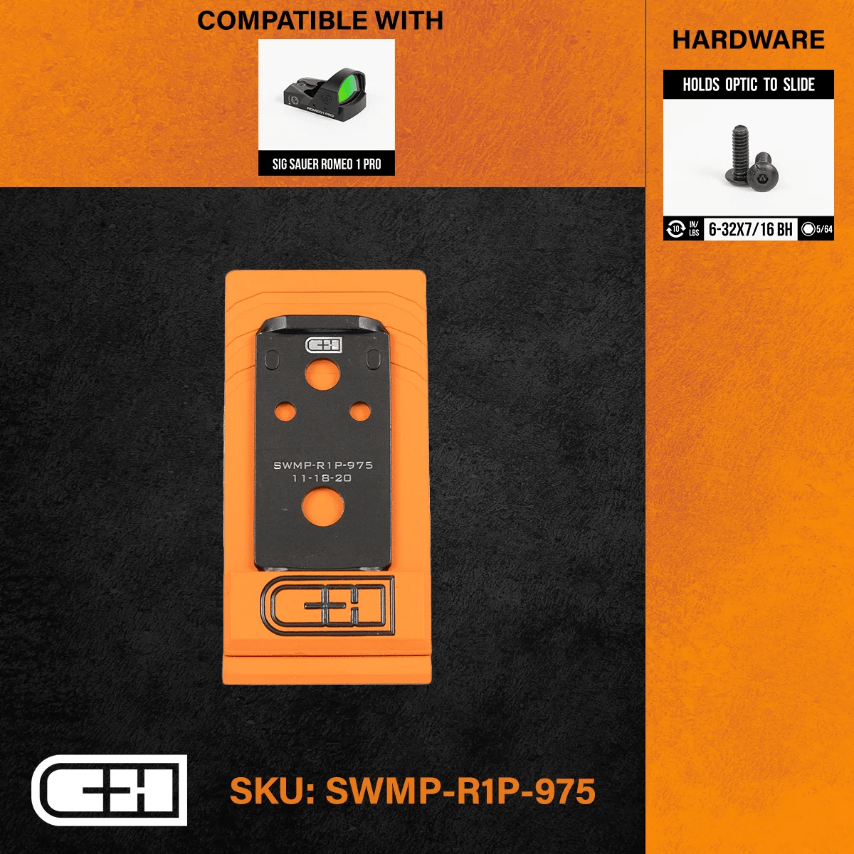 C&H Precision Optics Adapter Plate SKU SWMP-R1P-975, compatible with Sig Sauer Romeo 1 Pro, includes mounting hardware.