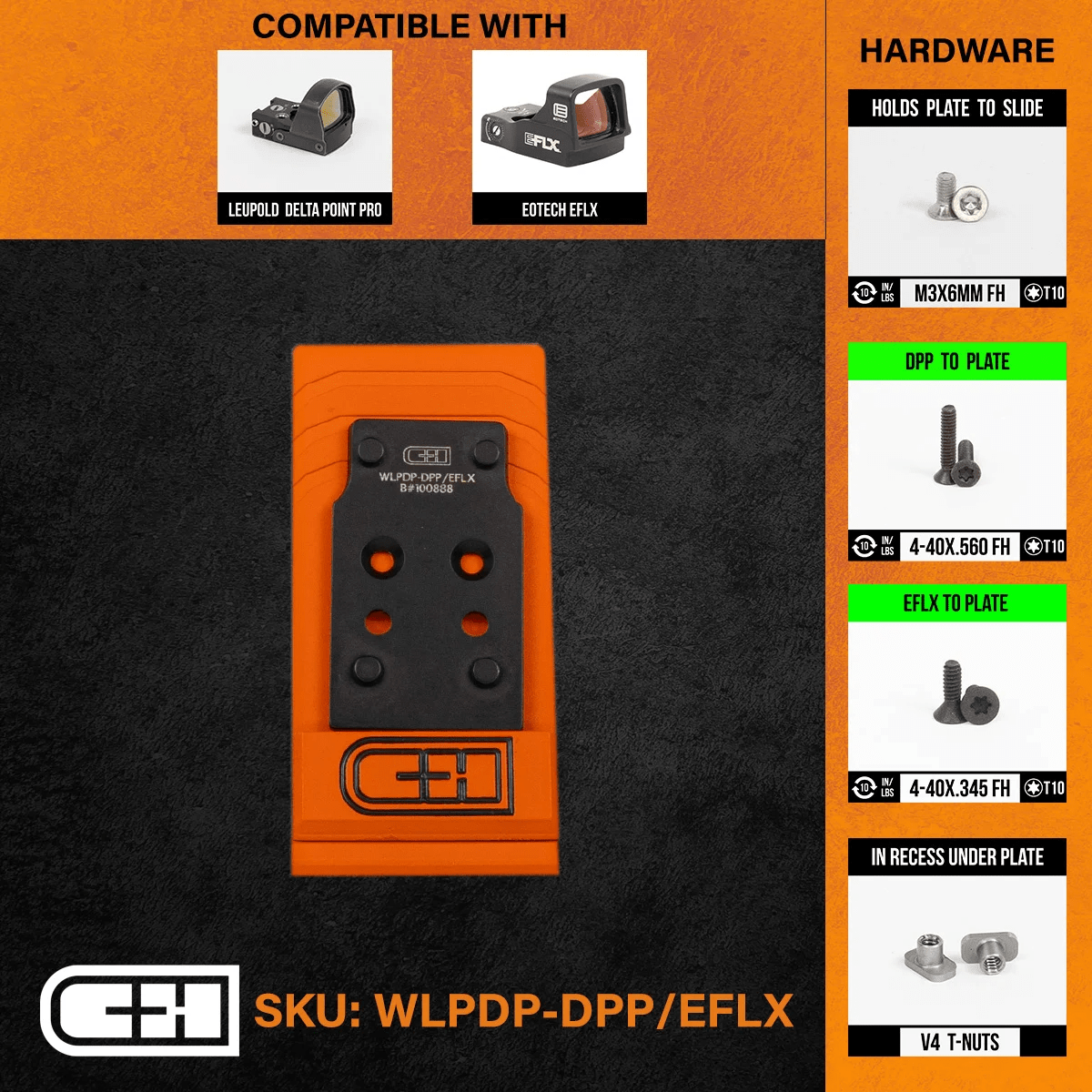 C&H Precision Optics Adapter Plate for Walther PDP 1.0 with compatible mounting hardware and detailed specifications.