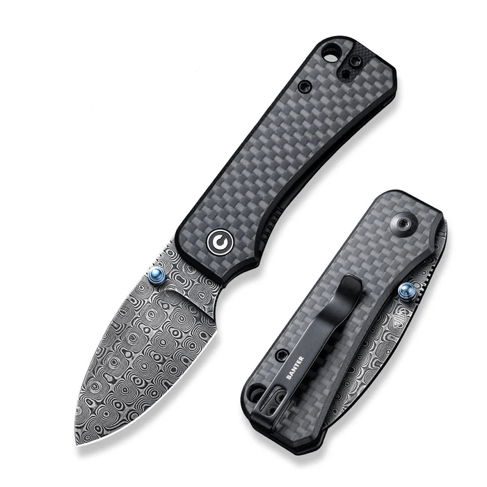 CIVIVI Knives Baby Banter Knife featuring a sleek carbon fiber handle and ornate Damascus steel blade, ideal for EDC use.