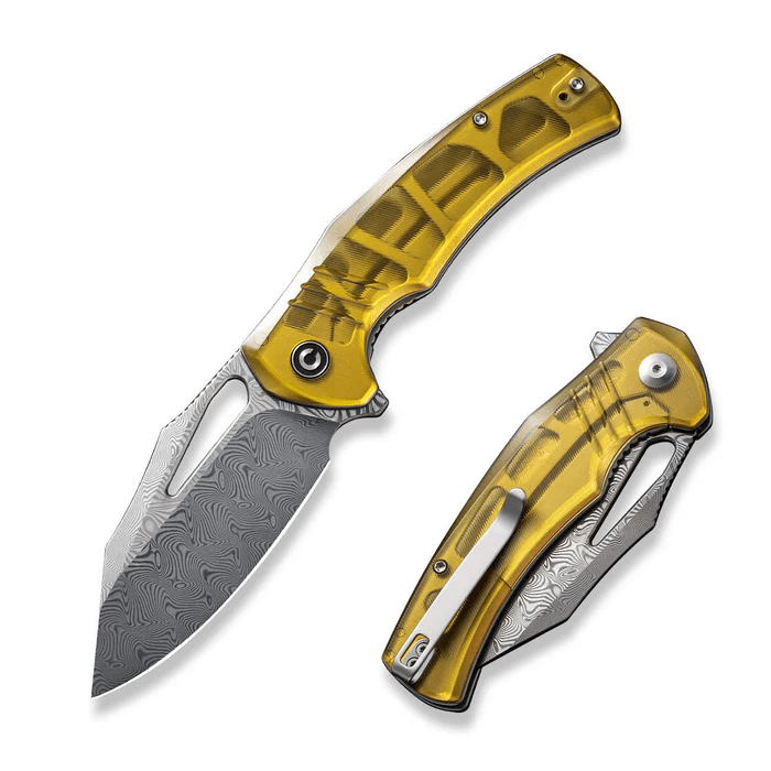 CIVIVI BullTusk Knife with yellow G10 handle and intricate Damascus steel blade, ideal EDC tool for everyday use.