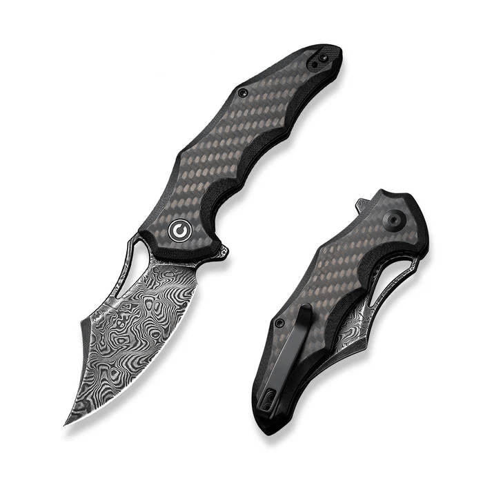 CIVIVI Knives Chiro Knife featuring a sleek Damascus blade and ergonomic carbon fiber handle for optimal EDC performance.