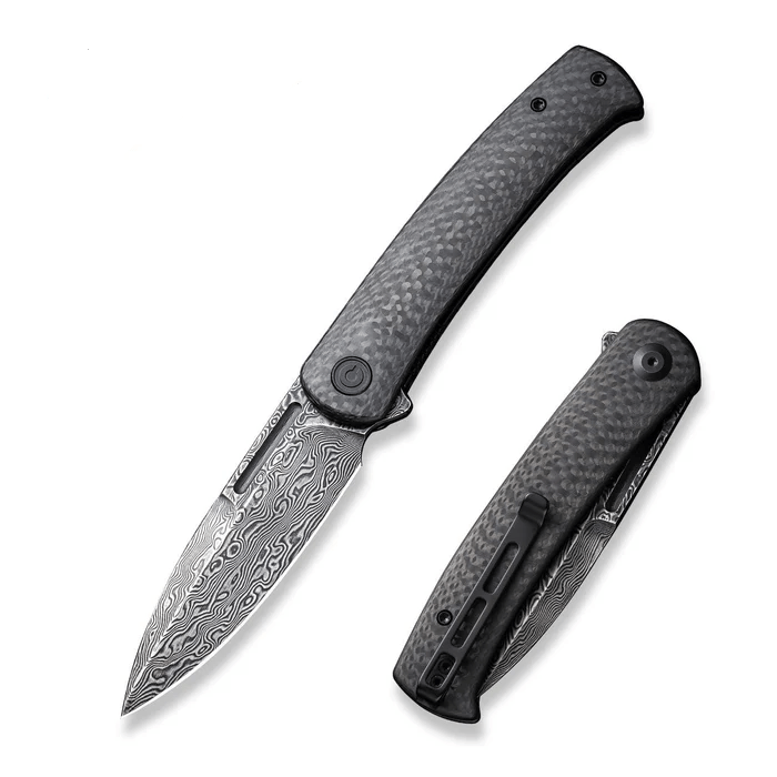 CIVIVI Caetus Flipper Knife with carbon fiber handle and Damascus steel blade, showcasing sleek design and functionality.