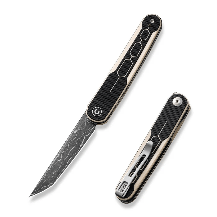 CIVIVI KwaiQ Flipper Knife with G10 Handle, featuring premium Damascus steel blade design and compact folding style.