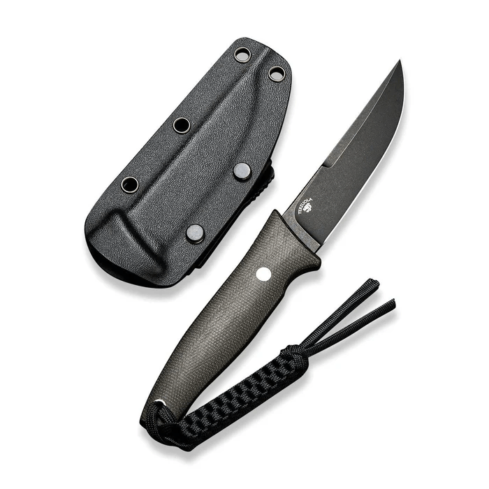 CIVIVI Tamashii Fixed Blade Knife with Micarta handle and sheath, showcasing durable 4.07" D2 blade and stylish design.