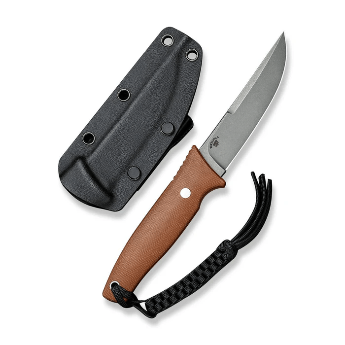 CIVIVI Tamashii fixed blade knife with Micarta handle and black sheath, showcasing 4.07" D2 steel blade design.