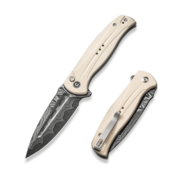 CIVIVI Knives Incindie Flipper with button lock, featuring a stylish ivory handle and a sleek damascus blade design.