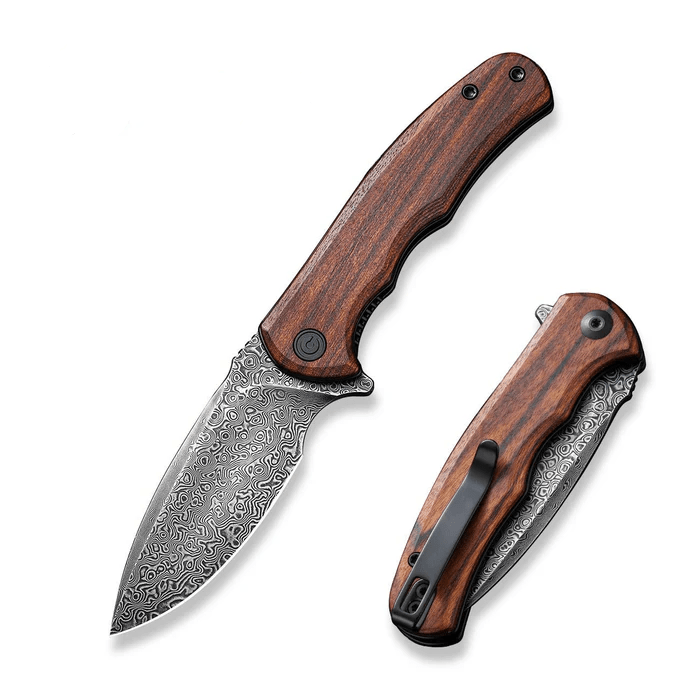 CIVIVI Mini Praxis Knife with Damascus blade and wooden handle, ideal for everyday carry and outdoor use.